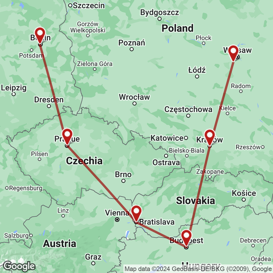 Route for Berlin, Prague, Bratislava, Budapest, Krakow, Warsaw tour